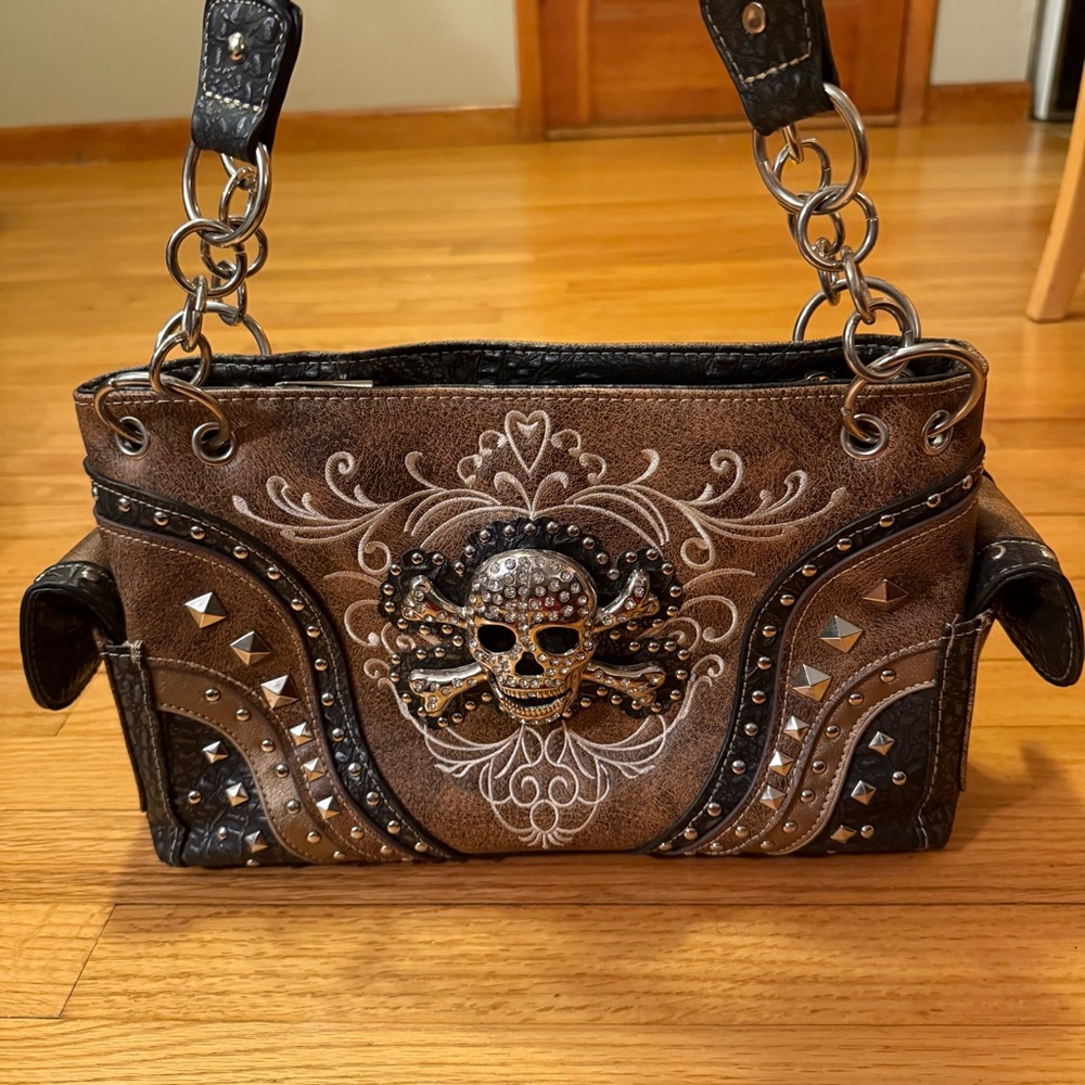 Embellished Skull Accent Brown Shoulder Bag Concealed Carry